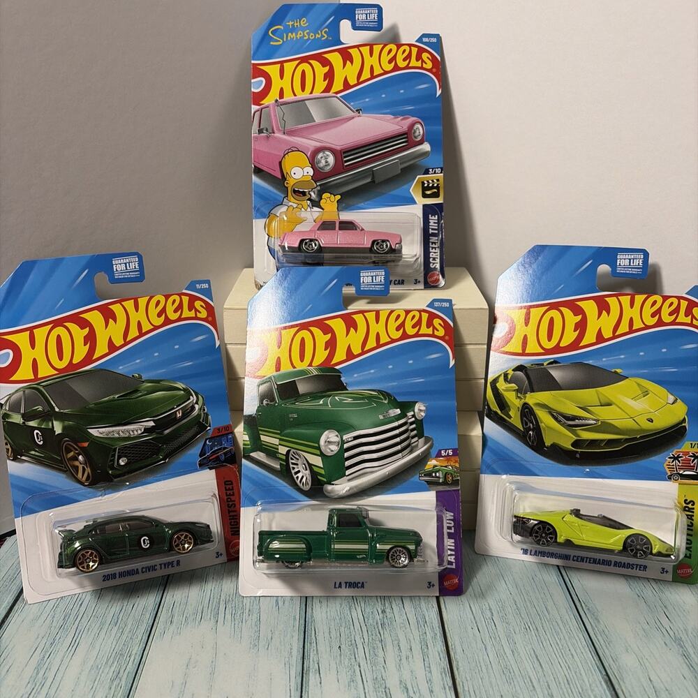 Hot Wheels 18 Honda Civic Type R Green, 16 Lambo, Simpsons, La Troca BUNDLE NEW